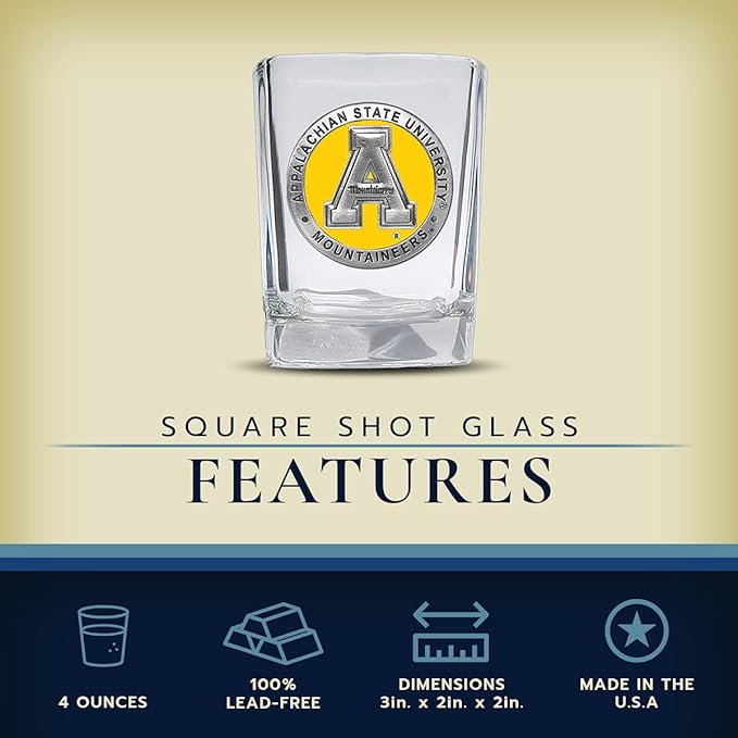 Heritage Pewter Appalachian State University Square Shot Glass | Hand-Sculpted 1.5 Ounce Shot Glass | Intricately Crafted Metal Pewter Alma Mater Inlay