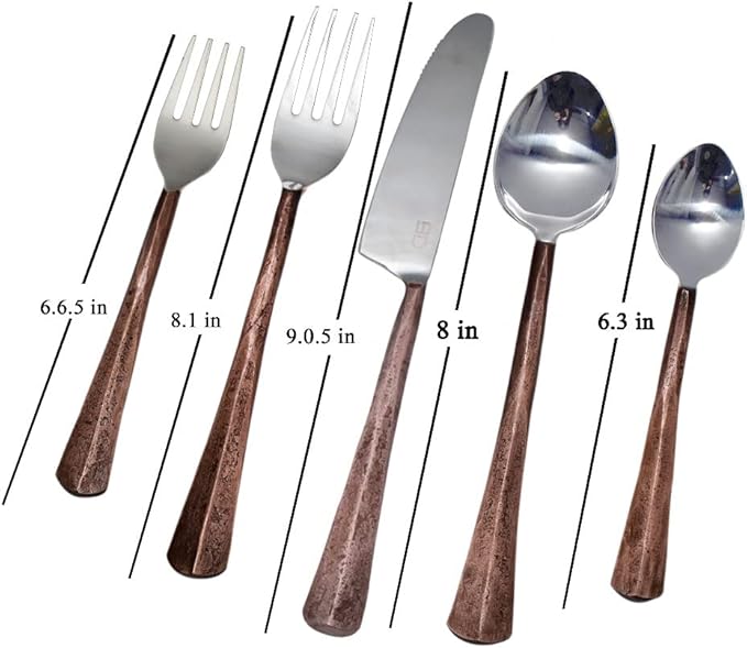 Bold & Divine Ridge Copper 5pcs Flatware Cutlery Set, Premium Stainless Steel Cutlery Set Service for 1 Include Knife/Fork/Spoon, Solid Stainless Steel Flatware