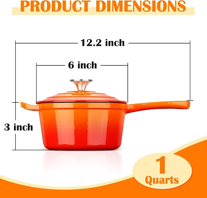 E-far Enameled Cast Iron Sauce Pan with Lid, 1 Quart Dutch Oven Saucepan, Mini Sauce Pot for Cooking, Boiling, Healthy & Non Toxic, Induction & Oven Safe, Orange