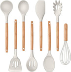 P&P CHEF Silicone Cooking Utensils Set, 8-Piece Kitchen Cooking Utensil with Wooden Handle, Silicone Spatula for Nonstick Cookware, Heat-proof & Easy Clean, Khaki