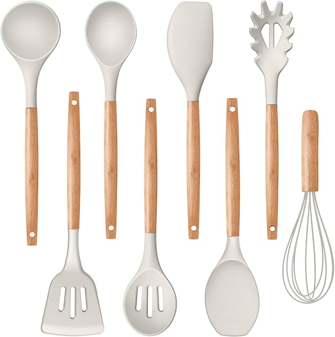 P&P CHEF Silicone Cooking Utensils Set, 8-Piece Kitchen Cooking Utensil with Wooden Handle, Silicone Spatula for Nonstick Cookware, Heat-proof & Easy Clean, Khaki