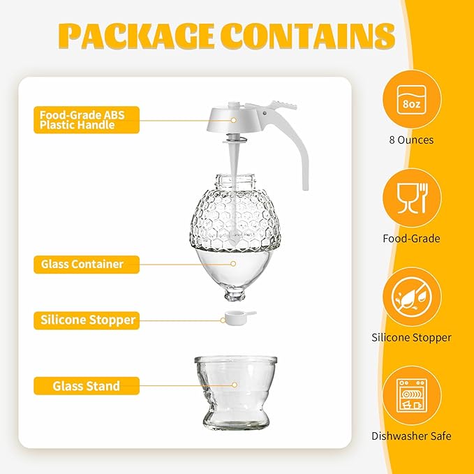 Honey Dispenser, 8oz Honey Dispenser No Drip Glass with Stand, Honey Container & Coffee Syrup Dispenser for Tea Time & Gifting, Elegant Honeycomb Honey Jar - Honey Pot Bottle for Maple Syrup Bee