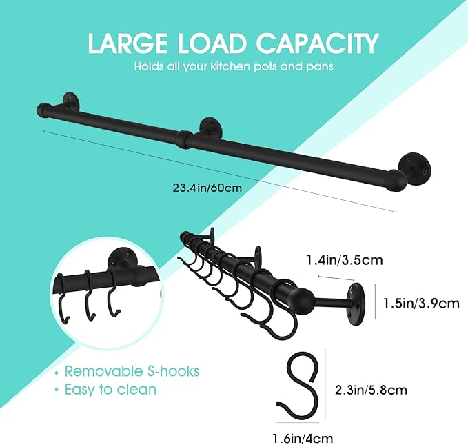 ROTHLEY Hanging Pot Rack Hanger: 23.7 Inch Stainless Steel Pot and Pan Hanger Pot Rack Wall Mounted Hanging Pots and Pans Rack Pot Hangers for Kitchen Wall Kitchen Rail with Hooks（Matt Black）