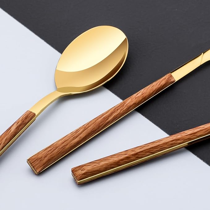 Stainless Steel Flatware Set for 4, Cutlery Utensils Set with Simulated Wooden Handle Include Knives Forks Spoons Service for 4, Mirror Polished and Dishwasher Safe (Gold)