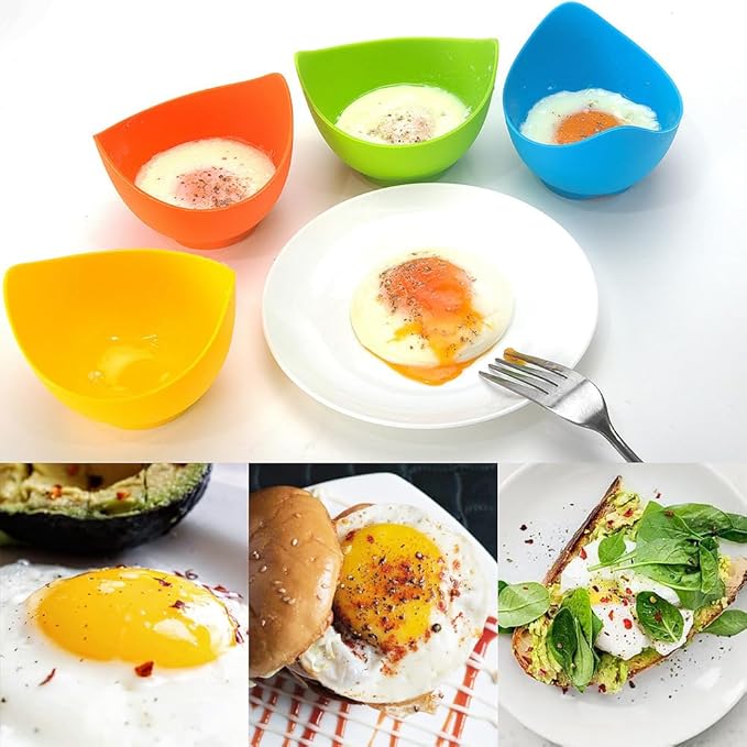 Mikim Silicone Egg Poacher Cups with Ring Standers, Nonstick Egg Poaching Cup for Stovetop Air Fryer Cooking, BPA Free, 4 Pack with Extra Oil Brush