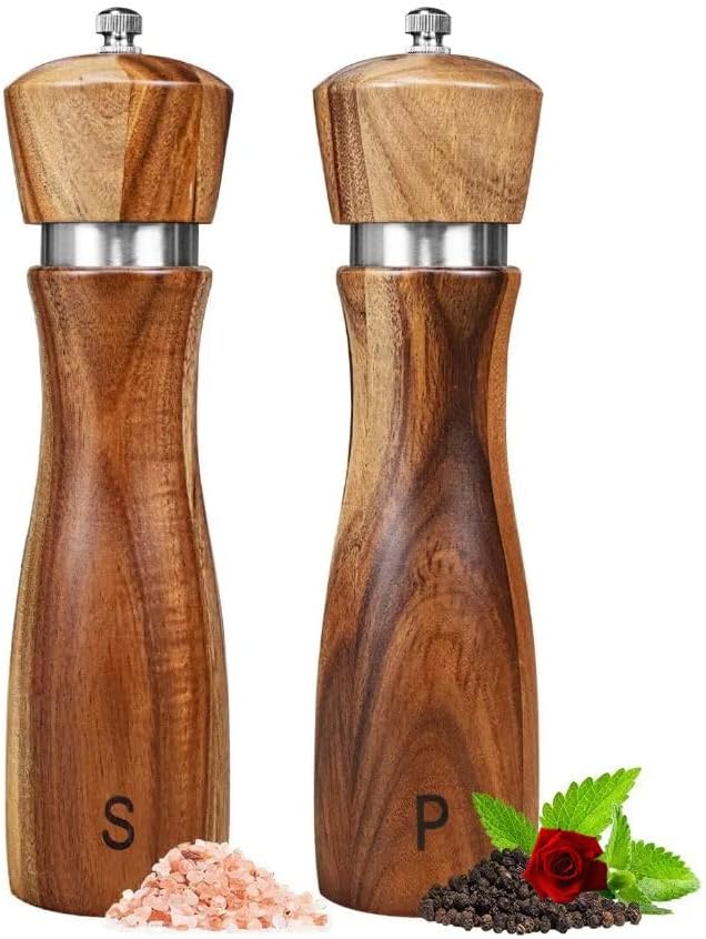 Salt and Pepper Grinder Set, Acacia Wood Salt Shaker with Ceramic/Stainless Steel Core, Modern and Elegant Wooden Salt and Pepper Set(2 Pack) 8 Inches Each