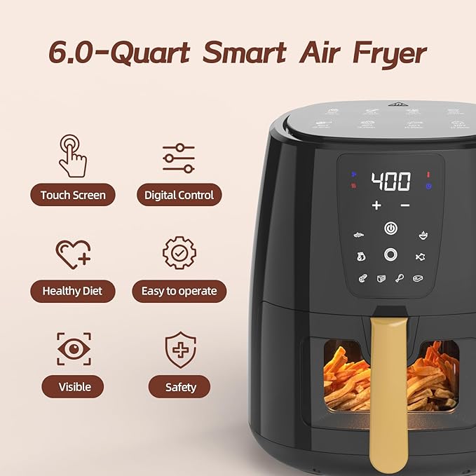 6.0 QT Large Digital Air Fryer with Window for Kitchen Use,Nonstick Made without PFAS, Touchscreen Display,400F,Customized Temp/Time,NonStick Basket,Black
