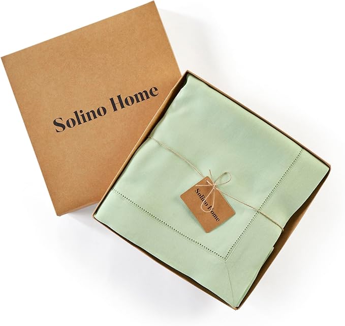 Solino Home Linen Tablecloth for Rectangle Tables 60 x 108 Inch - Classic Hemstitch 100% Pure Linen Light Green Table Cloth - Machine Washable Cloth Tablecloth for Summer