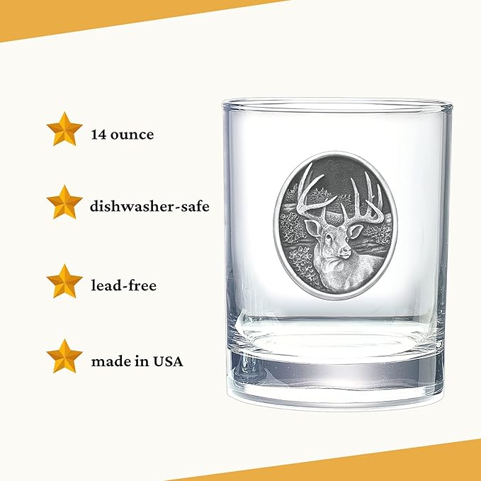 Heritage Pewter White Tail Deer Double Old Fashion | Double Rocks Glass 14 OZ for Liquor | Expertly Crafted Pewter Glass
