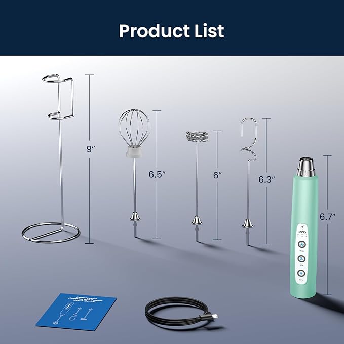 Milk Frother with Stand Rechargeable- Handheld Coffee Frother with 3 Stainless Whisks 3 Speed Adjustable, Electric Whisk Drink Mixer, Foam Maker Blender for Matcha Latte Cappuccino Chocolate