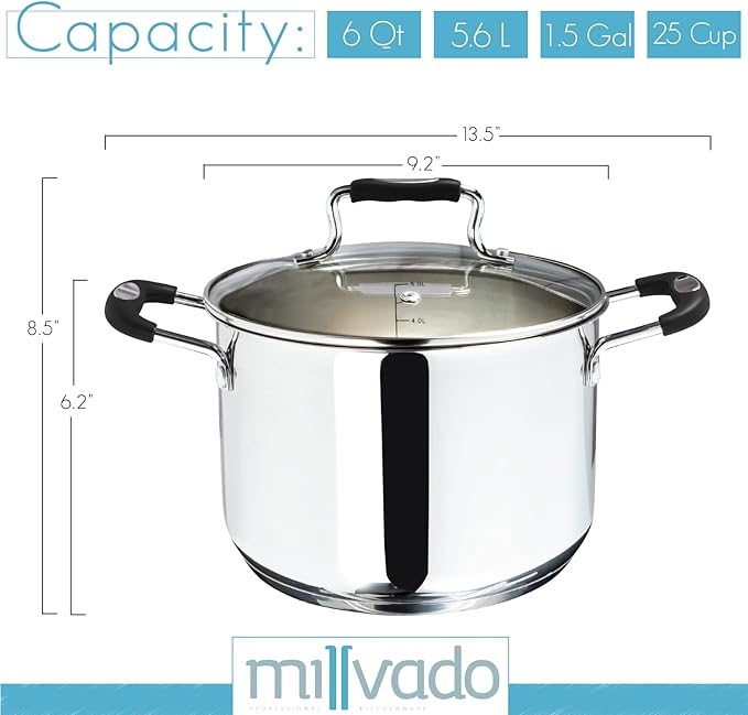 Stock Pot, 6 Quart Stainless Steel Pot, StockPot With Clear Glass Lid, Steam Hole, Permanent Measurement Markings, Gas, Electric and Induction Compatible Boiling Pot
