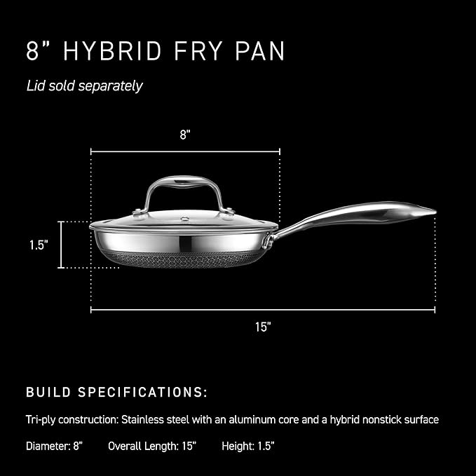 HexClad Hybrid Nonstick 8-Inch Frying Pan, Stay-Cool Handle, Dishwasher-Friendly, Oven-Safe Up to 900°F, Induction Ready, Compatible with All Cooktops