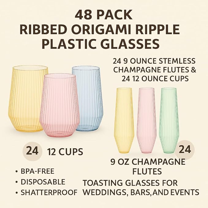 48 Pack Ribbed Origami Ripple Plastic Glasses 24 9oz Stemless Champagne Flutes & 24 12oz Cups BPA-Free, Disposable, Shatterproof Drinkware for Weddings, Bars, Events (Color Collection Ribbed)