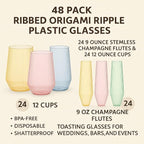 48 Pack Ribbed Origami Ripple Plastic Glasses 24 9oz Stemless Champagne Flutes & 24 12oz Cups BPA-Free, Disposable, Shatterproof Drinkware for Weddings, Bars, Events (Color Collection Ribbed)
