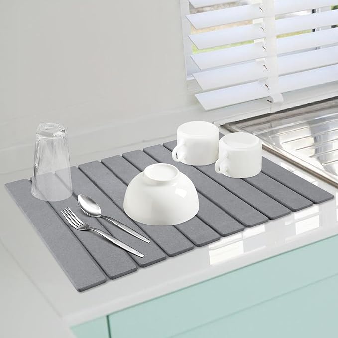 Quick Dry Stone Mat, Stone Drying Mat for Kitchen Counter, Large Dish Drying Mat - Diatomaceous Earth Dish Drying Mats, Modern Fast Dry Pad for Bathroom, 24"x16", DarkGray