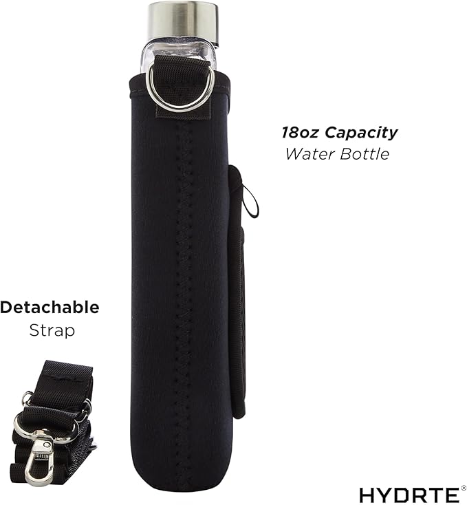 Travel Water Bottle | Flat With Strap | Leak Proof Slim for Travel | BPA Free Flask | Ultimate Square With Sleeve 18 oz (Nero Black)