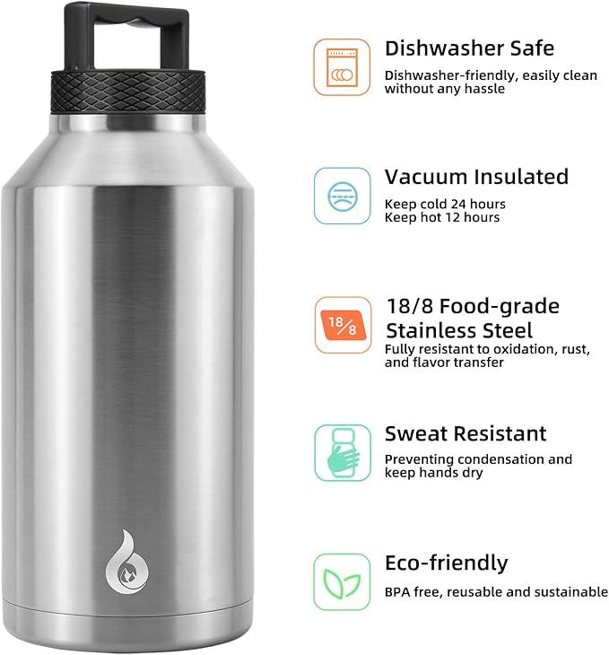 BJPKPK Half Gallon Water Bottle Insulated, Dishwasher Safe 64 oz Water Bottle with Handle, Leakproof BPA Free Water Jug, Large Metal Thermos for Sports, Stainless Steel Primary Color