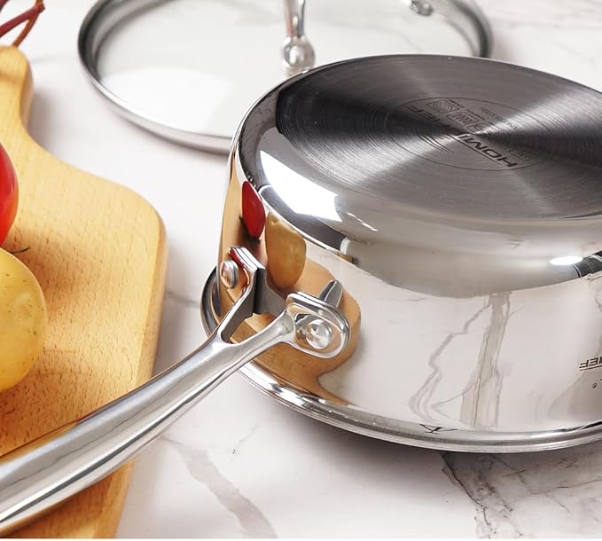 HOMICHEF Mirror Polished NICKEL FREE Stainless Steel 1.5 Quart / 6.5 Inch Sauce Pan with Glass Lid (No Toxic Non Stick Coating, Whole-Clad 3-Ply) Soup Pot Small Cooking Pot
