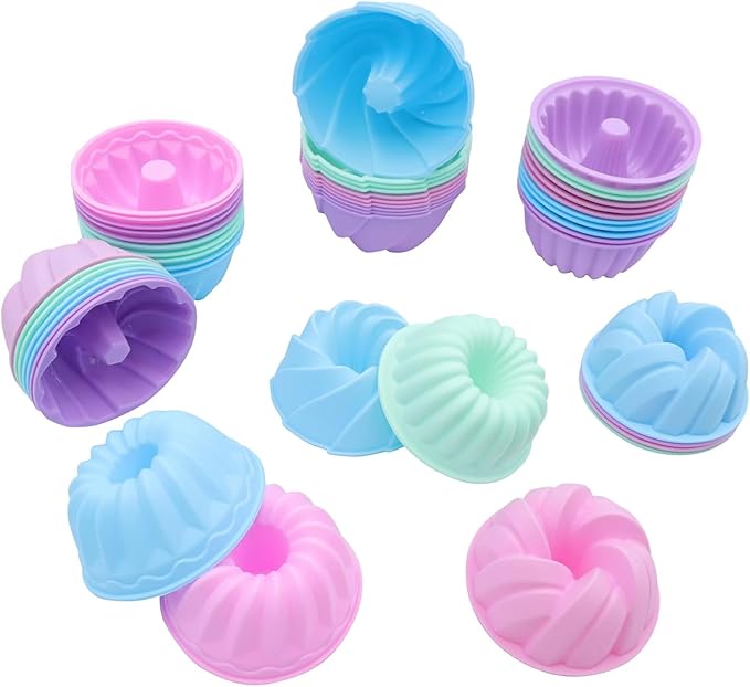 Tongjude 48 Pieces Silicone Donut Mold, 3.15" Diameter 1.37" Deep Small Reusable Baking Cups, Non-Stick, 4 Shape Silicone Molds, Heat Resistant Bakeware for Bagel, Muffin, Jello and Cake Baking