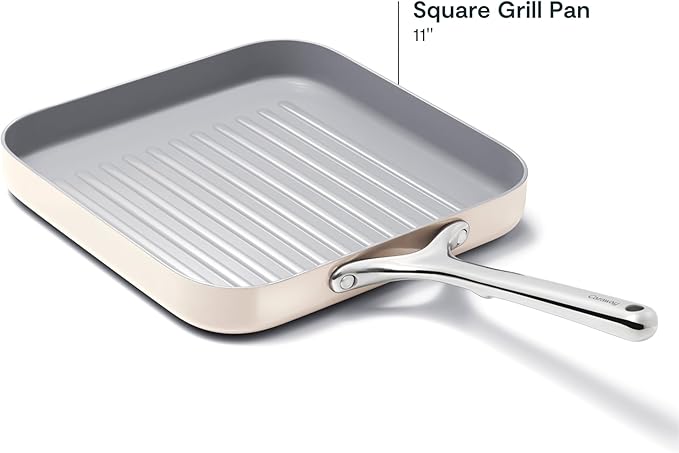 Caraway Square Grill Pan - 11” Grill Pan - Non-Stick Ceramic Coated - Non Toxic, PTFE & PFOA Free - Oven Safe & Compatible with All Stovetops - Cream