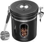 Coffee Canister With Window,16oz Stainless Steel Airtight Coffee Bean Storage Grounds Container with Date Tracker and Scoop,Grounds Kitchen Food Canister Jar for Beans,Tea,Sugar,Flour,Cereal