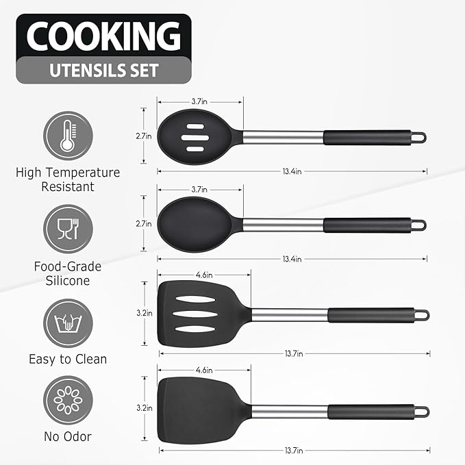 Pack of 4 Large Silicone Cooking Spatulas and Spoons, Slotted and Solid Stainless Steel Cooking Utensils Set, Non-stick Heat Resistant Kitchen for Baking, Fried, Stir-Fry, Mixing, Serving (Black)