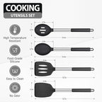 Pack of 4 Large Silicone Cooking Spatulas and Spoons, Slotted and Solid Stainless Steel Cooking Utensils Set, Non-stick Heat Resistant Kitchen for Baking, Fried, Stir-Fry, Mixing, Serving (Black)