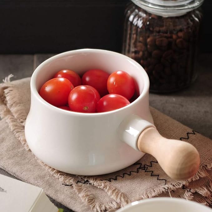 DOITOOL Butter Warmer, 380ml Enamel Milk Pot for Stove Top, Small Sauce Pan with Wooden Handle, Butter Melting Pot Milk Pan, Small Soup for Home Kitchen Cooking Heating Boiling