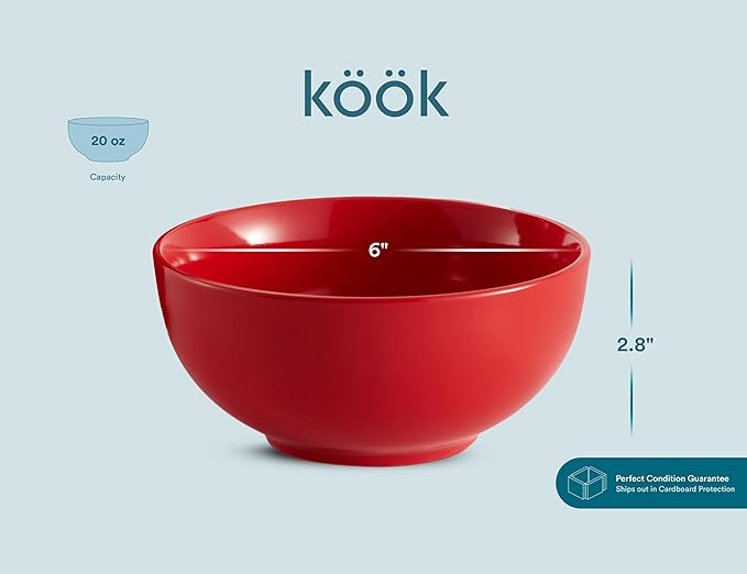 KooK Soup Bowls, Cereal Bowl, Ceramic, Bowls for Kitchen, Microwave, Dishwasher and Freezer Safe, Porcelain Dishes for Pasta, Salad, Oatmeal, Deep Interior, 20 oz, Set of 6, (Red)