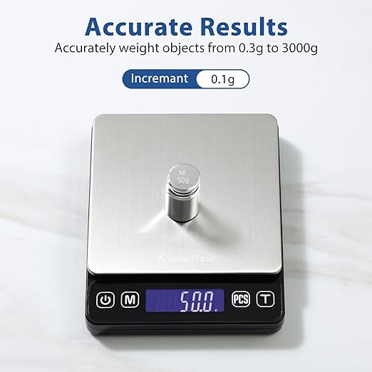 KitchenTour Digital Kitchen Gram Scale - 3000g/0.1g - High Accuracy Precision Food Scale with 9 Units(g/oz/ml/lb/lb:oz/gn/ozt/DWT/ct) - Meat Scale with Back-Lit LCD Display(Batteries Included)