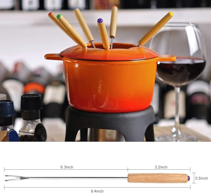 STYDDI Fondue Fork, 18Pcs Stainless Steel Color Coding Fondue Forks with Wooden Handle for Chocolate Fountain Cheese Fondue Roast Marshmallows, 9.5 Inch
