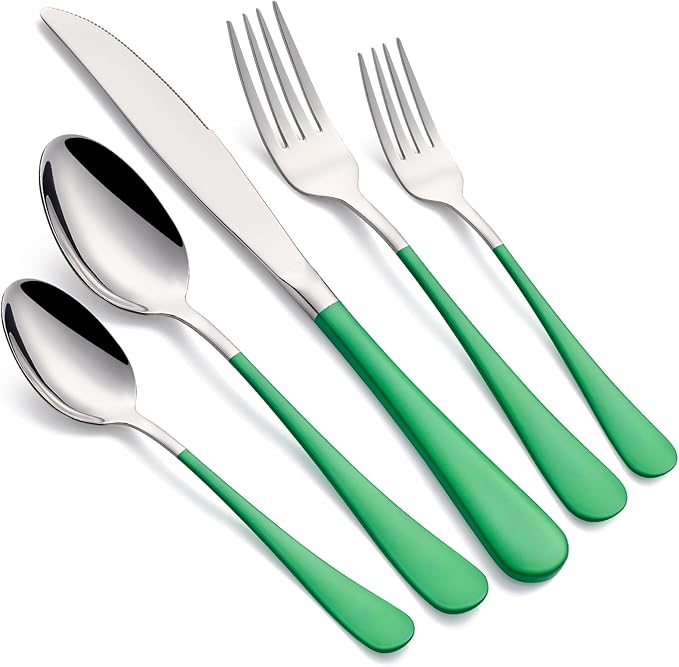 20-Piece Green Silverware Set 18/0 Stainless Steel Silverware Set Green Handle Cutlery Set Service for 4 Dinner Knives Forks Spoons Set Flatware Set Finish Dishwasher Safe…