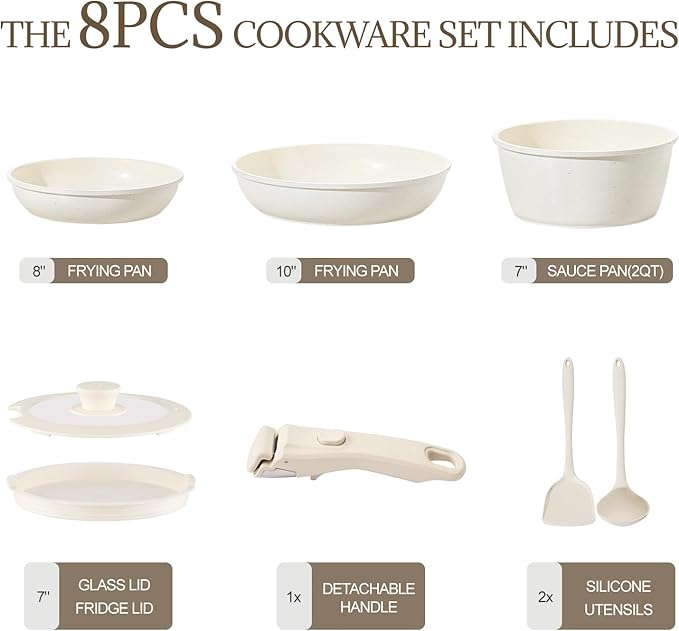 Ceramic Cookware Set Non Stick 8Pcs Pots and Pans Set Detachable Handle Induction Kitchen Cooking Set with Frying Pans Oven Dishwasher Safe, PFAS/PFOA Free, Cream White