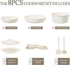 Ceramic Cookware Set Non Stick 8Pcs Pots and Pans Set Detachable Handle Induction Kitchen Cooking Set with Frying Pans Oven Dishwasher Safe, PFAS/PFOA Free, Cream White