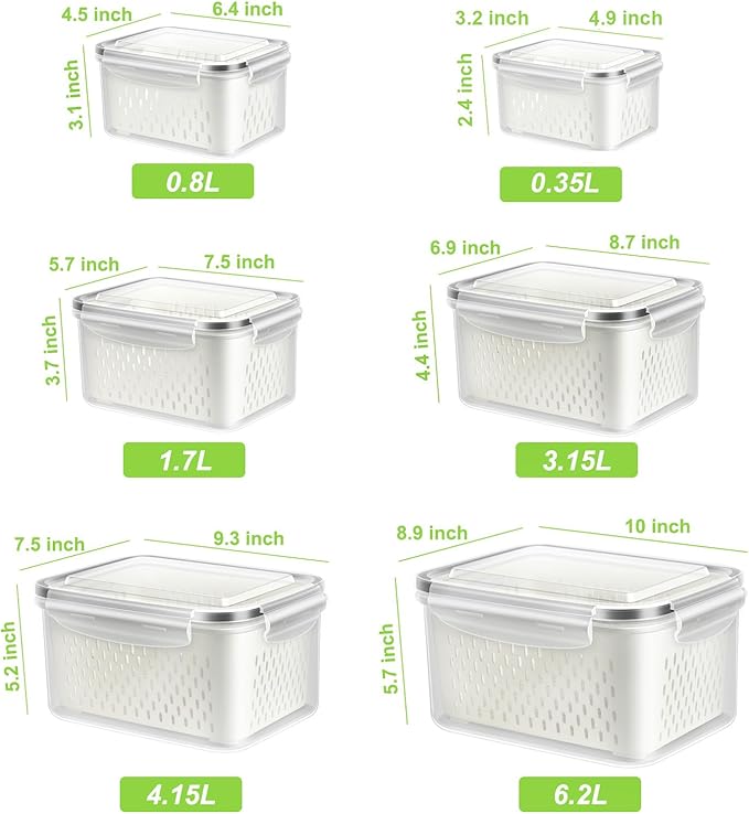 6 Pack Fruit Storage Containers for Fridge, Produce Saver Vegetable Container with Drain Colanders - Refrigerator Organizer for Lettuce Keepers Berry Container