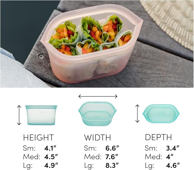 Zip Top Reusable Food Storage Bags | 3 Dish Set [Teal/Peach/Lavender] - Small, Medium, Large | Silicone Meal Prep Container | Microwave, Dishwasher and Freezer Safe | Made in the USA