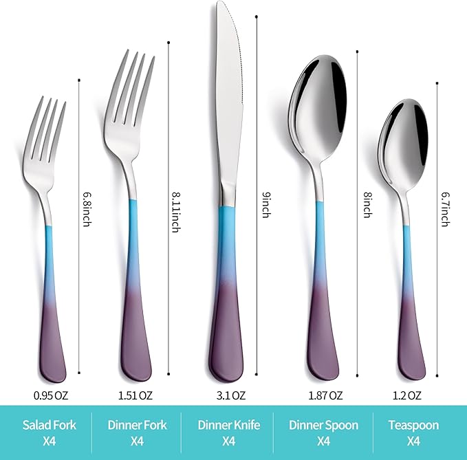 20-Piece Blue and Purple Silverware Set for 4, 18/0 Stainless Steel Flatware Cutlery Utensils Set, Includes Dinner Knives, Forks, Spoons, Salad Forks, Teaspoons, Dishwasher Safe