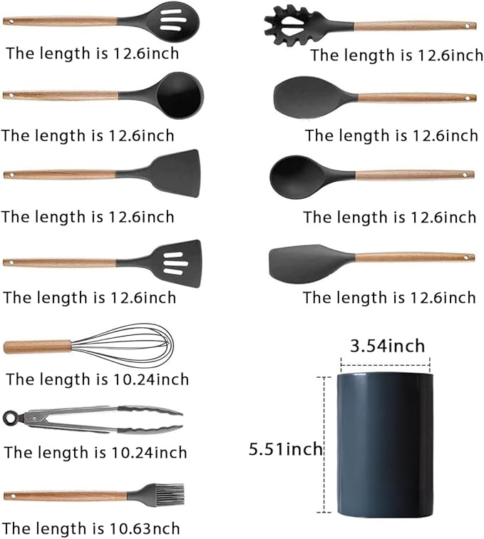 Silicone Cooking Utensil Set,12 PCS Cooking Cookware Kitchen Utensils Set, Nonstick 446°F Heat-Resistant Cookware Kitchen Tools of Spatula,Turner Tongs,Spoon,Brush,Whisk,（gray）