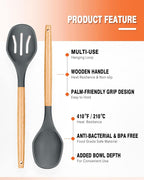 Large Silicone Cooking Spoons, 2 Pack Nonstick Solid and Slotted Wooden handle Spoon Set, Heat Resistan Silicone Kitchen Spoons for Cooking, Serving, Basting, Mixing (Grey)