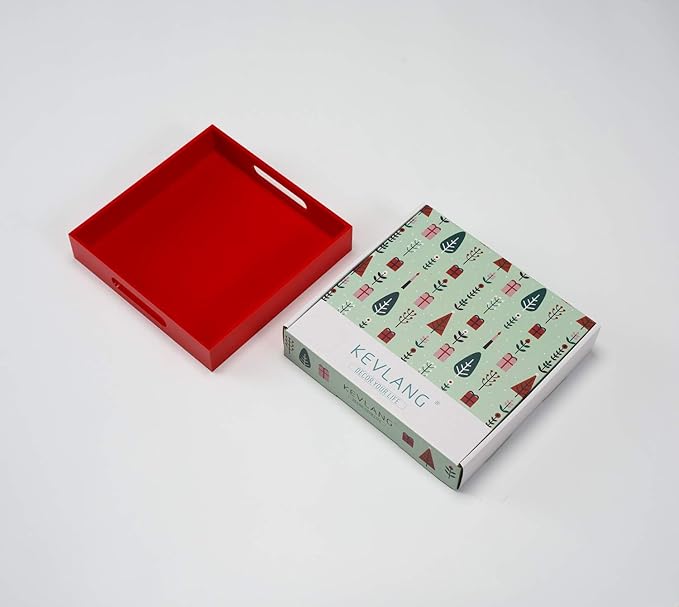Sturdy Red Acrylic Serving Tray with Handles - 12x12 Inch - Coffee & Appetizer Platter - Kitchen Counter & Vanity Organizer