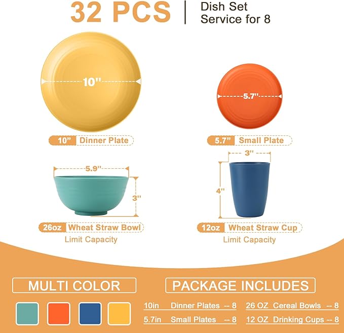 Homienly Dinnerware Set 32-Piece Wheat Straw Dinnerware Sets Unbreakable Reusable Dinnerware Set Kitchen Cups Plates and Bowls Sets, Microwave and Dishwasher Safe Dishes for Camping, Outdoor-Colorful