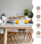 Folkulture Table Runner | Fall Table Runners 90 inches Long | Checkered Boho Table Runners for Farmhouse Decor or Table Decorations for Party | White and Blue Table Runner for Fall Decor