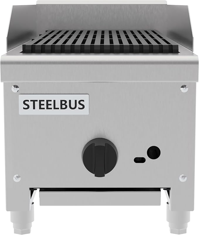 12 Inch Commercial Gas Charbroiler, Countertop Stainless Steel Grill with 1 Burner 28000 BTU, Heavy Duty Restaurant BBQ Broiler, Natural Gas/Propane, Adjustable Knob, Durable Cast Iron Grates