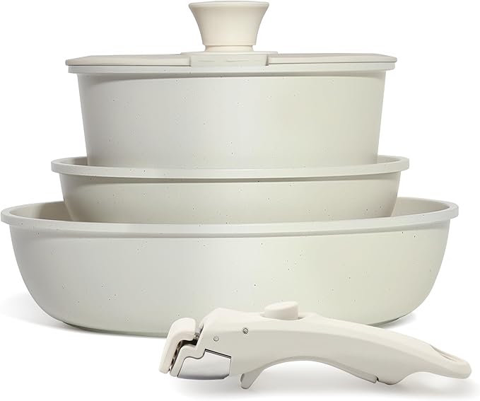 5PCS Pots and Pans Set Non Stick, Kitchen Cookware Sets with Detachable Handle, Induction Cookware Sets, Non Stick RV Cookware Cooking Set, Dishwasher ＆ Oven Safe, PFOA Free, Cream White