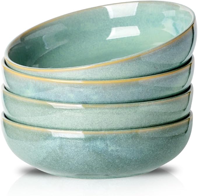 HVH 8.5 inch Large Pasta Bowls Set of 4, 46oz Big Salad Bowl Set of 4, Shallow Bowls, Dinner Bowls Set, Ceramic Bowls Set Microwave and Dishwasher Safe, Smooth glaze (Turquoise)