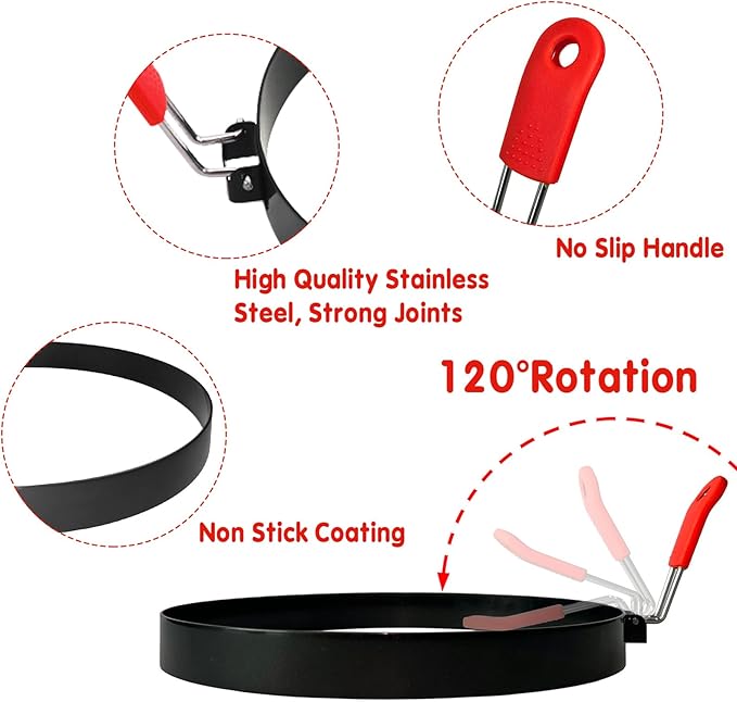 Egg Rings 2 Pack 6" Pancake Mold Nonstick Round Pancake Egg Mold with Silicone Handle Stainless Steel Frying Eggs Ring for Griddle Sandwich Eggs Muffin Pancakes Breakfast (red 2pcs 8inch)