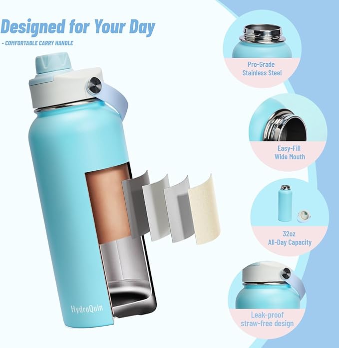 32oz Water Bottle with Comfort Grip Handle, HydroQuin Gym Water Bottle, Insulated Steel Water Bottle with Wide Mouth, No Straw