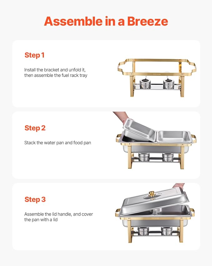 VEVOR Chafing Dish Buffet Set,8 Qt 2 Pack, Stainless Steel Chafer with 4 Half Size Pans, Rectangle Catering Warmer Server with Glass Lid Water Pan Folding Stand Fuel Holder, for Wedding Party Banquet