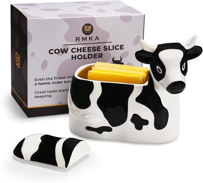 Cow-Shaped Cheese Slice Holder for Refrigerator - BPA-Free Ceramic Cheese Saver -Dishwasher- Holder with Hinged Lid - Sliced Container for Fridge - Keeps Cheese Fresh & Flavorful