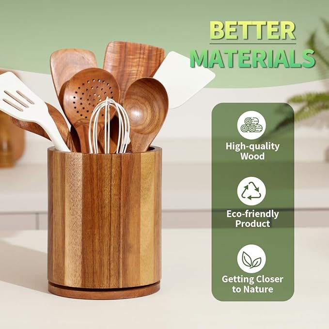 Wooden Utensil Holder, 360°Rotating 7.3'' Large Utensil Holder for Kitchen Counter, Kitchen Utensil Organizer, Utensil Crock, Farmhouse Kitchens Countertop Decor, Acacia Wood